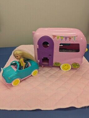Barbie Malibu Pink & Purple Camper Playset with Teal Toy Car And Chelsea Doll